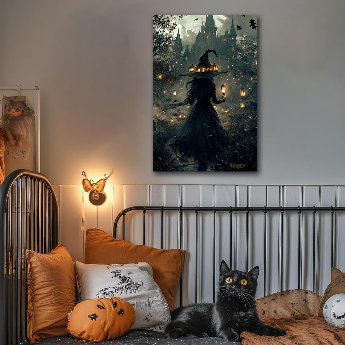 Halloween Witch and Haunted House Canvas Wall Art,Dark Academia Scary Witch Castle Posters Prints,Thriller Horror Gothic Wall Decor Pictures for Halloween Party House Decoration,24"x36" Unframed