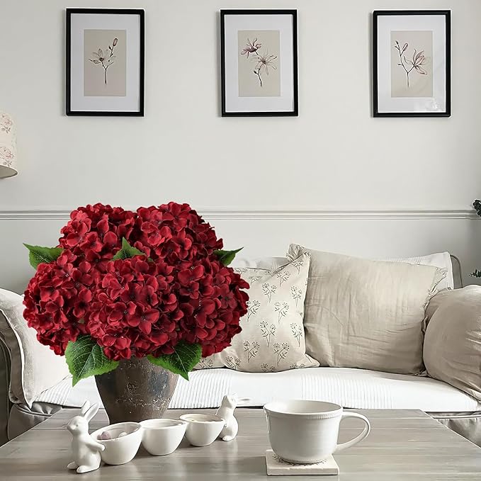 JINWOE Red Christmas Flowers Silk Hydrangea Artificial Flowers, 5Pcs 20Inch Large Lifelike Flowers,Halloween Artificial Hydrangeas for Bouquet Table Centerpieces Floral Arrangements Home Wedding