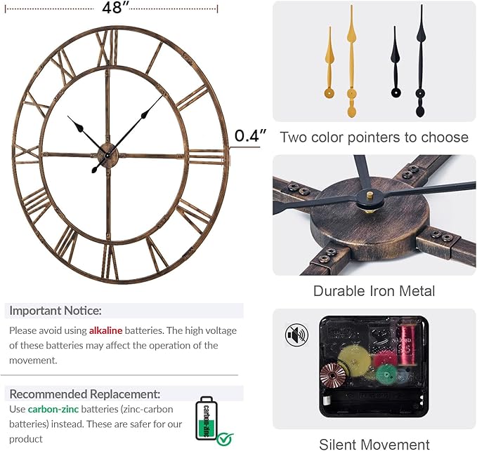 Large Wall Clock for Living Room Decor – 48 Inch Knocked-Down (KD) Silent Non-Ticking Modern Farmhouse Wall Clock, Oversized Decorative Metal Roman Numeral Clock, Bronze