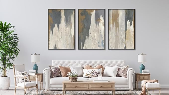 ASDCEUTICALS Large Canvas Wall Art - Gray Brown and Beige Abstract Pictures for Living Room Vintage Wall Decor Retro Artwork Black Float Framed Paintings for Bedroom Dinning Room 32" X 48" X 3 pcs