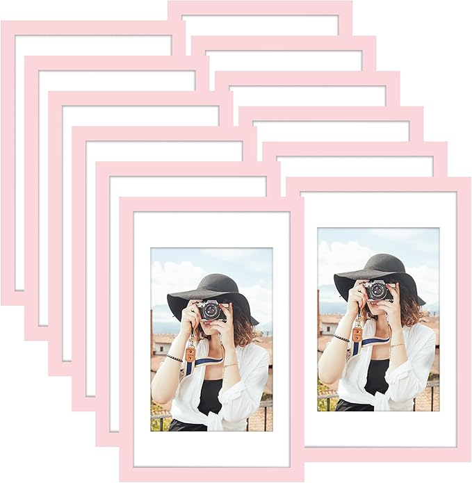 Picrit 11x17 Picture Frame Set of 12, Display 8x12 with Mat or 11x17 without Mat, Photo Frames for Wall Mounting Display, Pink