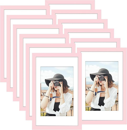 Picrit 11x17 Picture Frame Set of 12, Display 8x12 with Mat or 11x17 without Mat, Photo Frames for Wall Mounting Display, Pink