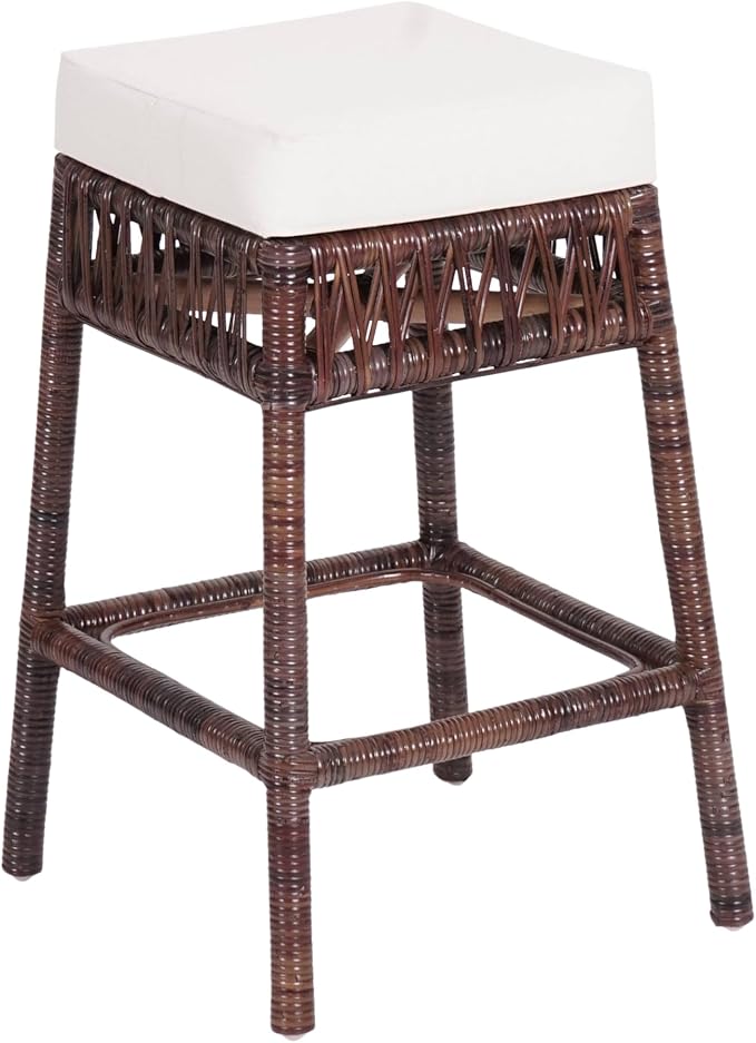 JONATHAN Y Bali 25.6" Woven Rattan Backless Counter Stool with Cushion, Bohemian Dark Brown Stool with Footrest for Kitchen Island, Home Bar, and Dining Room CSL1100A