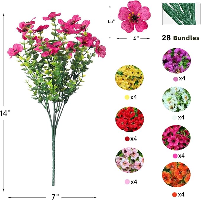 WEAUSUP 28 Bundles Artificial Plants & Flowers Silk Fake Flowers UV Resistant Bushes Plastic Artificial Flowers Faux Outdoor Indoor Plants for Spring Summer Patio Decorations(7 Colors)