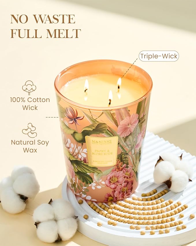 M&SENSE Peony Blush Suede Soy Candle, 35oz 3-Wick, Summer Romantic Gift | 150H Long Burn, Non-Toxic, Large Jar, Date Night, Bedroom Romance, Fancy Gifts for Women, Stress Relief, Luxury