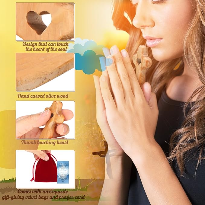 Bucherry 100 Set Olive Wood Cross My Heart Small Pocket Crosses with Bags and Prayer Cards Jesus Christian Holding Hand Crosses Bulk for Christmas Baptism First Communion Gift (Wood,2.36 Inches)
