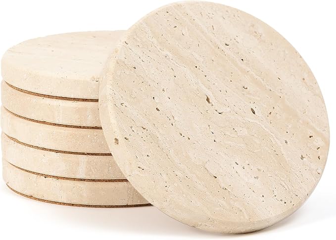 Travertine Marble Coasters Set of 6, 4" Round Rustic Farmhouse Coasters for Coffee Table Decor, Thick Heavy Stone Drink Coaster with Cork Backing, New Home Decor, Gift Boxed for Housewarming