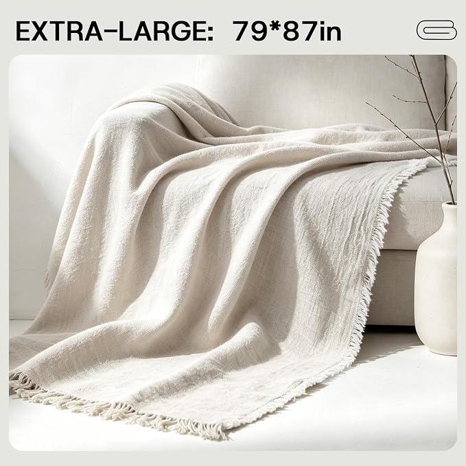 MINUPWELL 100% Pure Hemp Blanket Queen/King Size - 79"×87" Extra Large Linen Color Blanlet – Natural Hemp Fabric