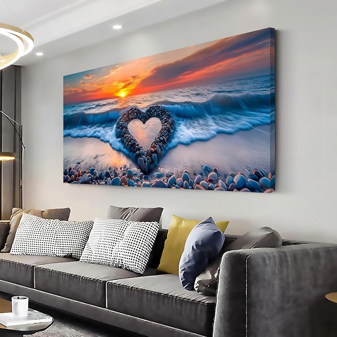 Ggaafet Romantic Love Beach Wall Art for Living Room Canvas Painting Prints Romance Sunset Blue Sandbeach Art Deco Modern Artwork Office Bedroom Family Room Decor Large