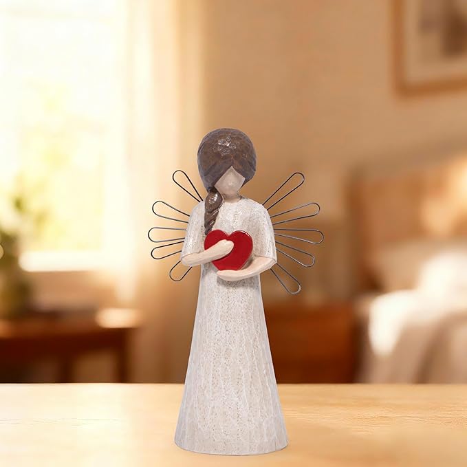 Hodao Angel Figurine with Red Heart, 5.1" Resin Wood-Carved Look with Metal Wire Wings, Hand-Painted Indoor Home Decorations, Spiritual Holiday Decor Ornaments, Gift-Ready Box