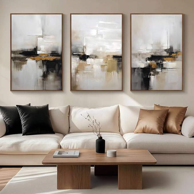 Abstract Neutral Wall Art Black and Brown Grunge Framed Mid Century Modern Wabi Sabi Textured Canvas Painting Artwork for Living Room Bedroom Office- 3 Panels, 16x24 Inch, Ready to Hang