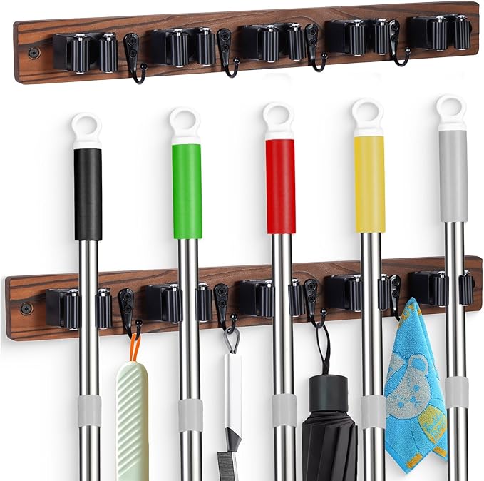 FunCee 2 PACK Broom Holder Wall Mount With 5 Slots & 4 Hooks，Rustic Wood Broom & Mop Hanger，Wall Mounted Garden & Garage Tool Storage Organizer Rack for Closet Laundry Room or Kitchen Wall Decor