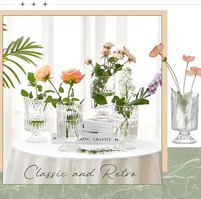 9 Pcs (H: 7" W: 4") Embossed Flower Vase Pedestal Glass Vase Big Base Thickened Crystal Vintage Vases for Wedding Party Home Decor Table Centerpiece House Warming Gifts (Clear,Stylish)