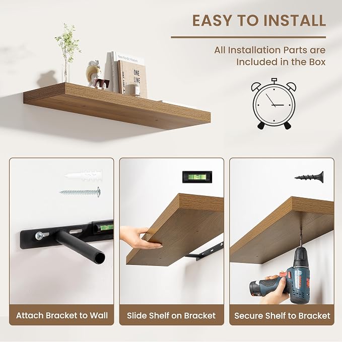 Dreamland 36 Inches Floating Shelves for Wall, 8" Deep Long Floating Shelves Set of 2, Large Display & Storage Shelf, Wall Shelf for Bathroom Bedroom Living Room Kitchen Office, Walnut