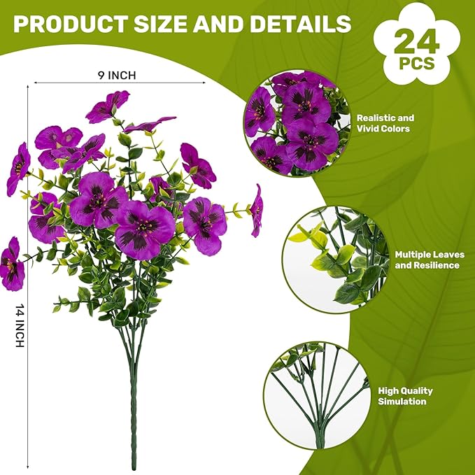 24 Pcs Artificial Fake Pansy Flowers for Outdoor,Faux Silk Plants Flowers UV Resistant Pansies Spring Flowers for Planter Front Door Porch Yard Patio garden Window Box Home Decor(Light Purple)