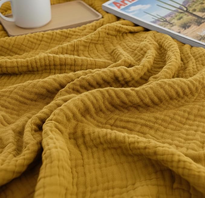 KyraHome 100% Organic Cotton Throw Blankets, 50"x60" Pre-Washed Plant Dyed, Breathable, Lightweight Summer Muslin Blankets, Adults, Couch, Picnic, All Season, Mustard Yellow