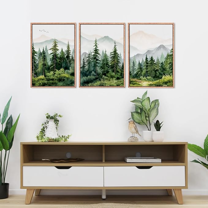 Boho Green Mountain Range Framed Canvas Wall Art Set, Watercolor Pine Tree Wall Decor, Foggy Forest Woodland Wall Painting, Modern Wilderness Art Print for Living Room, Bedroom, Office 24"x36"x3