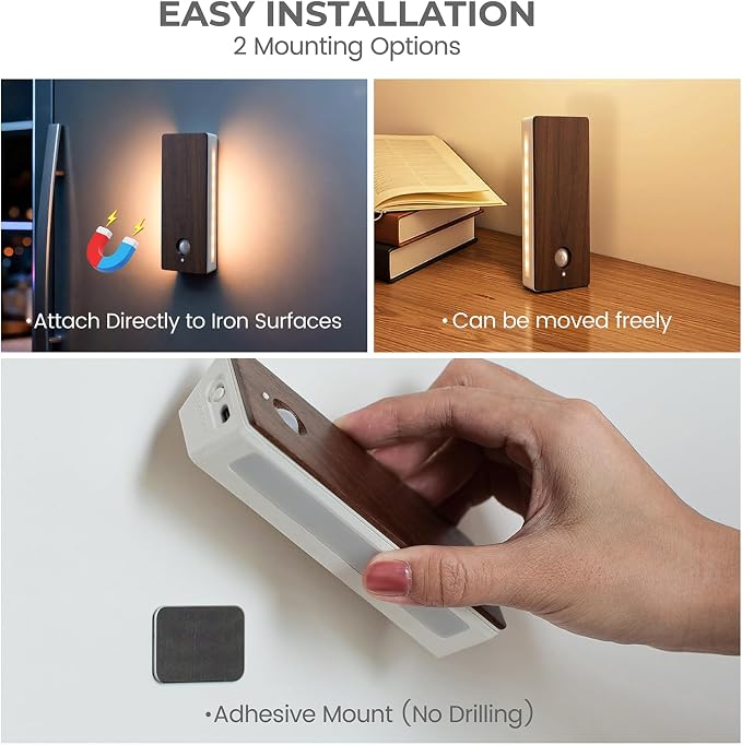Wooden Motion Sensor Night Light, LED Backlit Nightlight, Rechargeable Light with Two-Sided Glow for Decor, Magnetic Stick-on, 3CCT Dimmable Lights for Hallway, Bedroom, Stairs