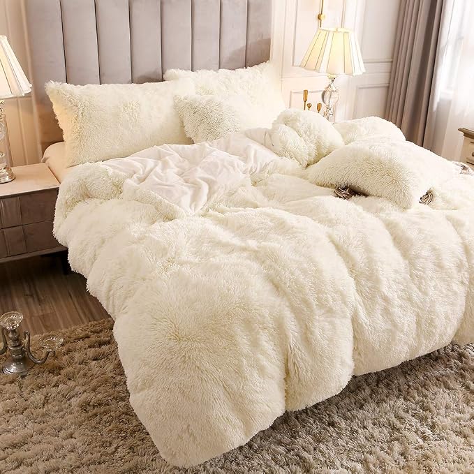 Faux Fur Velvet Fluffy Bedding Duvet Cover Set Down Comforter Quilt Cover with Pillow Sham, Ultra Soft Warm (Twin, Cream)