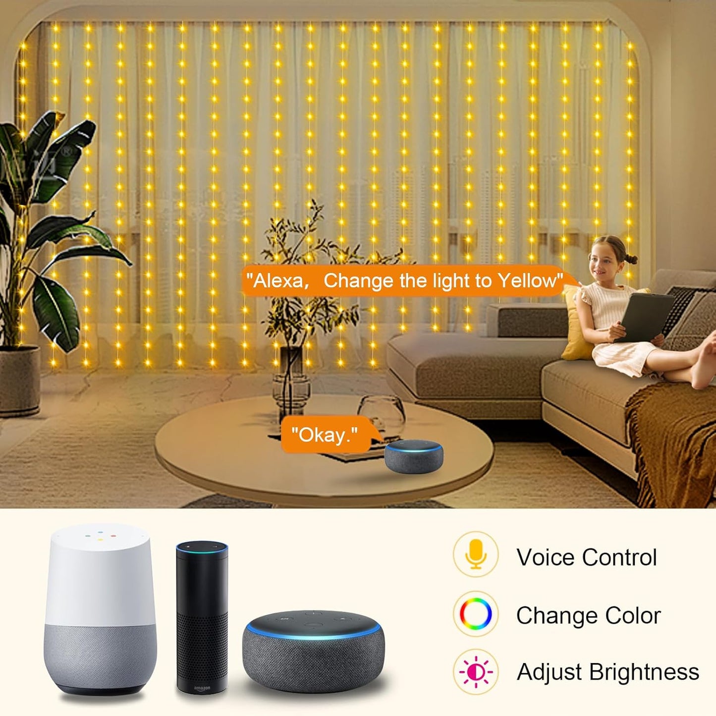 ZAIYW WiFi Smart RGB Color Changing Curtain Lights - 600 LED, Compatible with Alexa, App Control, Music Sync, Plug in for Christmas Wedding Outdoor Decor