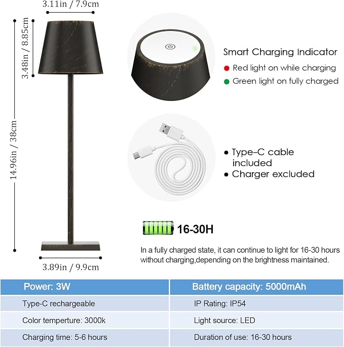 2-Pack Rechargeable Table Lamps LED Cordless Table Lamp 5000mAh Battery Operated Table Light Stepless Dimmable Portable Desk Lamp for Restaurant/Table/Bedroom/Outdoor (Copper)