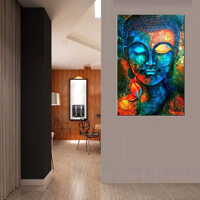 Zen Wall Art Colorful Buddha Wall Decor for Living Room Buddhism Pictures Painting Abstract Lotus Flower Canvas Prints Blue Religious Poster Artwork Bedroom Meditation Room Yoga Home Decoration 24x36"