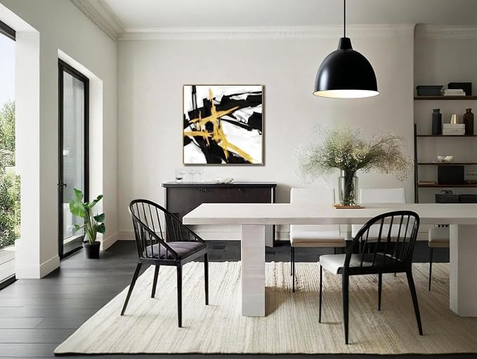 Sofoney Gold Framed Abstract Wall Art, Black & Gold, 30"x30" | Hand Painted Texture, Gold Foil, Modern Brushstroke Canvas, For Living Room Bedroom Office
