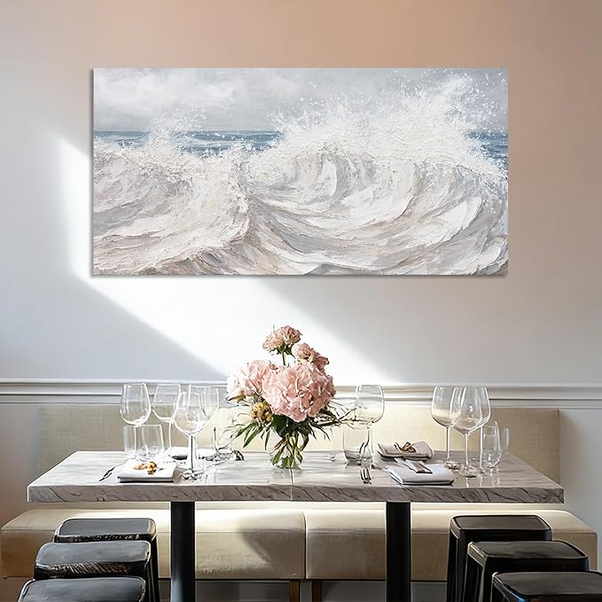 ZUNARE Abstract Ocean Wave Wall Art Blue Sea Canvas Painting with Gray Sky and Textured White Brown Waves, Moody Seascape Artwork for Living Room Bedroom Kitchen Office 24"x48"
