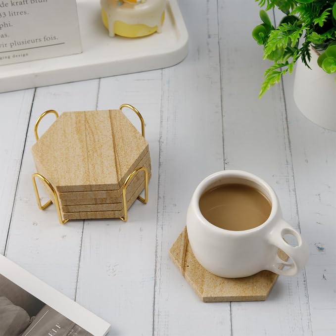 Hexagonal Sandstone Coasters Set of 6 with Holder, Absorbent Stone Coasters with Soft Backing for Table Protection, Farmhouse Rustic Sandstone Coaster for Coffee Table Desk Patio Home Decor
