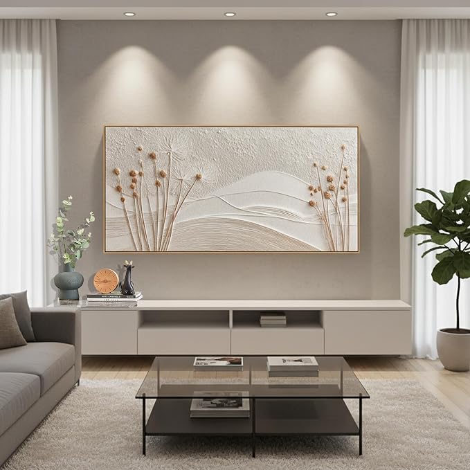 Sorbrozo 3D Texture Dandelion & Mountain Landscape Wall Art 24x48 Inch Framed Canvas Print in Neutral Beige & Gold Ready to Hang Decor for Living Room Bedroom Office