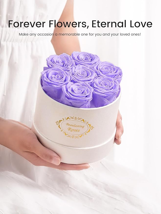 Beaulasting Long Lasting Preserved Roses in a Box Last a Year Forever Flowers for Her Mom Wife Anniversary Birthday (Round White Box, Light Purple Roses)
