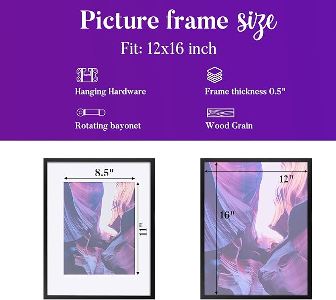 TWING 12x16 Frame Black 3 Pack, Large Wall Gallery Photo Frame Display Photos 8.5 x 11 with Mat or 12 x 16 without Mat,Picture Frames 12 x 16 for Horizontal or Vertical Wall Mounting