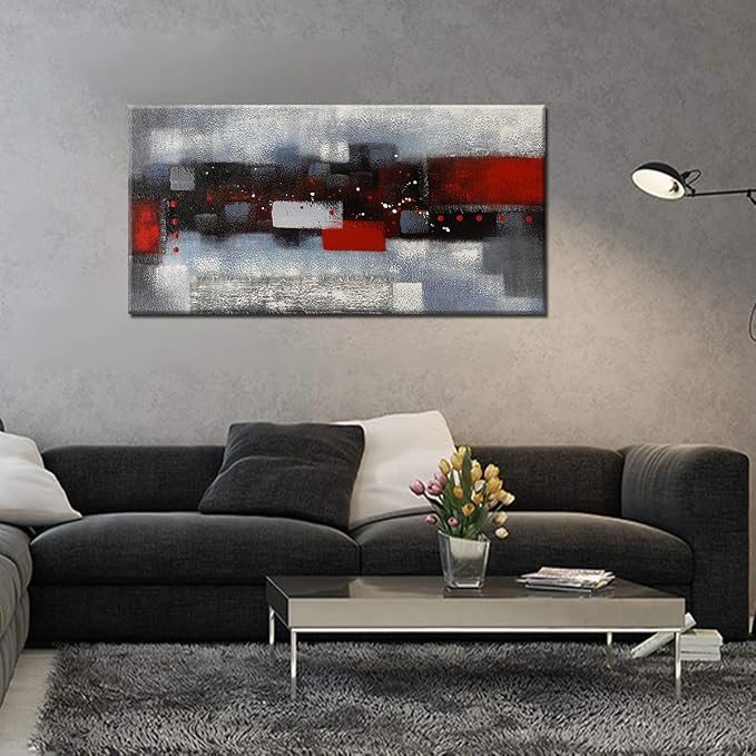 MyArton Textured 3D Oil Painting on Canvas Thick Linen Artwork Modern Abstract Art for Wall Decor Red Gray Painting Picture for Home Decoration