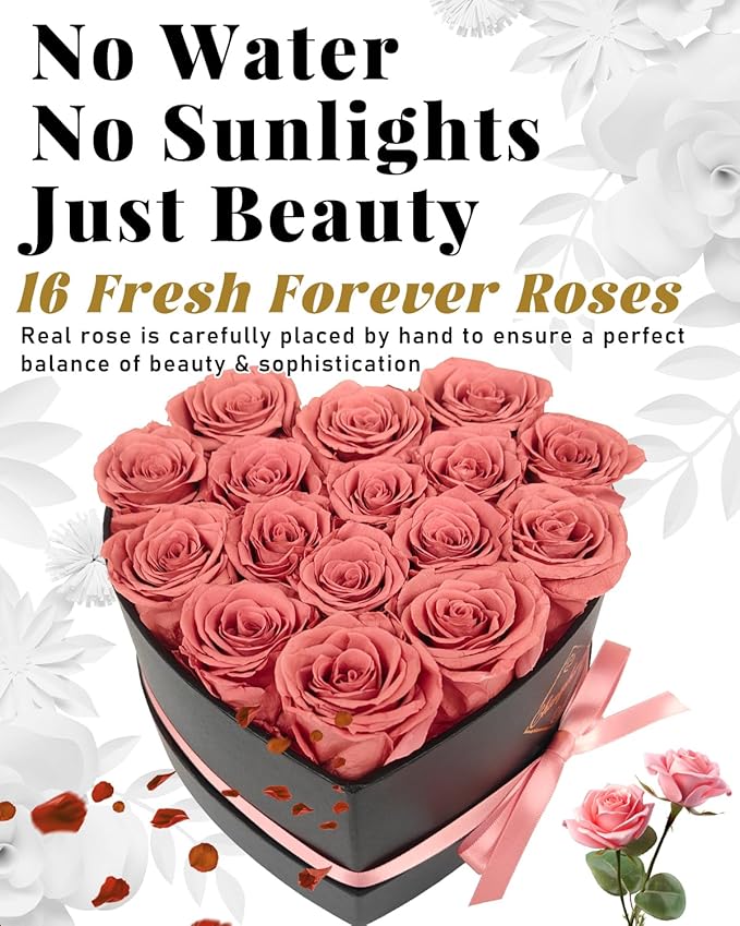 Changshunqi 16 Flowers Forever Preserved Roses in Heart Box, Preserved Flowers Womens Birthday Gifts for Women Mothers Rose Gift for Her Romantic Eternal Real Rose for Women Mom Wife