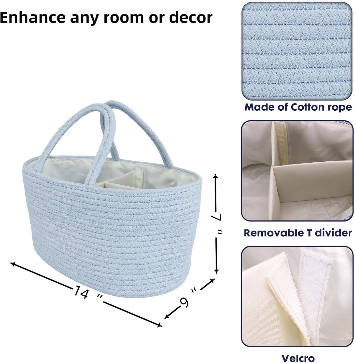 Diaper Caddy Organizer Cotton Rope Baby Basket Nursery Storage and Portable Tote Bag for Car Ideal Baby Shower Gifts and Registry Must-Have for Newborn Essentials blue