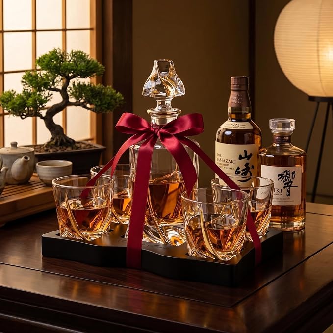 Ember Gilded Japanese Crystal Whisky Decanter Set with 4 Tumbler Glasses, Lead-Free Liquor Carafe & 10oz Rocks Glasses - Scotch Bourbon, Spirits & Wood Base Elegant Barware Gift for Men, Japan Design