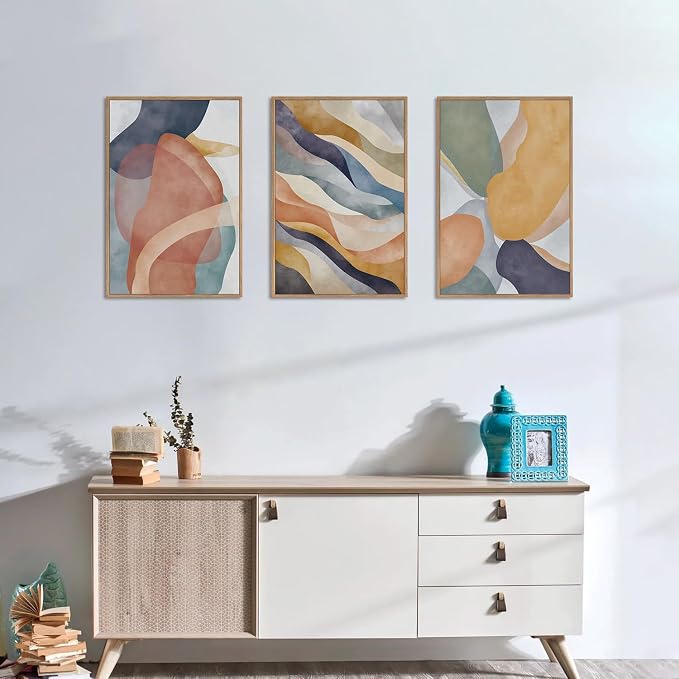 LHIUEM Large Abstract Neutral Framed Canvas Wall Art Set,Colorful Watercolor Block Wall Decor,Boho Geometric Illustrations Artwork for Living Room,Bedroom,Dining Room,Office -16"x24"x3