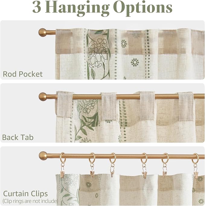 jinchan Winslow Linen Kitchen Curtains 36 Inch Length Small Window Curtains Embroidered Bordered Floral Drapes Light Filtering for Bathroom Laundry Room Farmhouse Decor Green on Beige 2 Panels
