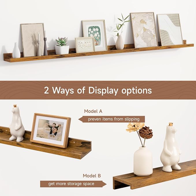 Fun Memories Floating Picture Ledge Shelves for Wall Set of 2, 55 Inches Picture Shelf with Ledge, Nursery Book Shelf for Storage Bookshelf Wall Mounted Living Room Bedroom Decor Frames, Rustic Brown