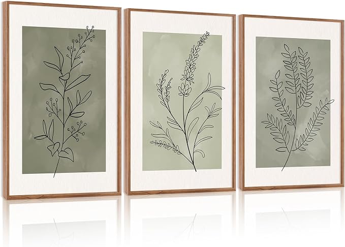 CHDITB Sage Green Framed Canvas Wall Art, Neutral Botanical Line Wall Decor, Olive Tone Plant Poster, Modern Farmhouse Floral Decor, Boho Minimalist Nature Prints for Bedroom Office Decor 16"x24"X3