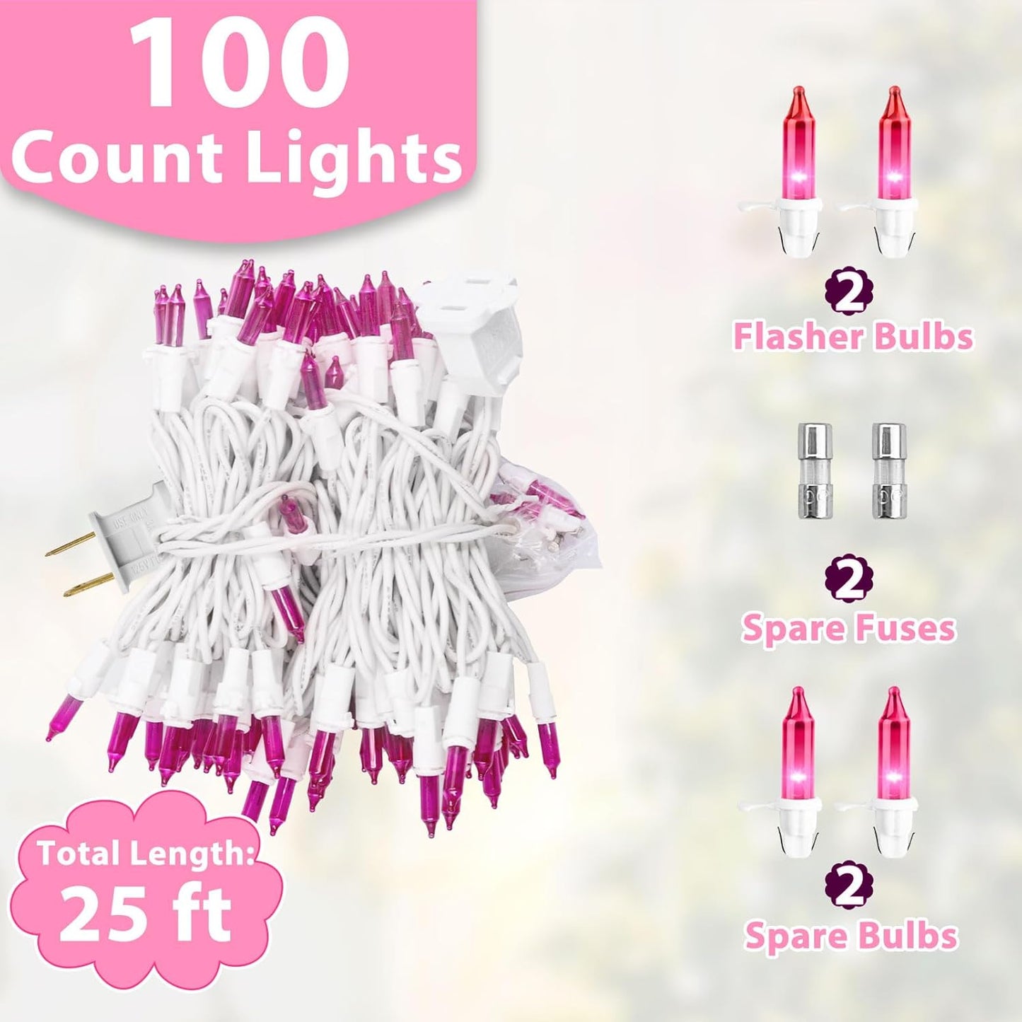 Pink Christmas Lights 25FT 100 Incandescent Bulbs, Pink Mini Lights with White Wire for Valentine's Day, Wedding, Garland, Thanksgiving, Party, Home, Indoor & Outdoor Festival Xmas Decoration