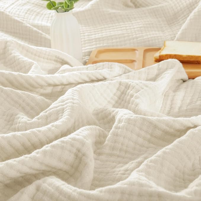 PHF 100% Cotton Muslin Blanket Queen Size 90"x90", 4-Layer Lightweight Gauze Throw, Breathable Cloud-Soft Minimalist Blanket for Bed, Couch, Camping, Birch, Ideal Gift