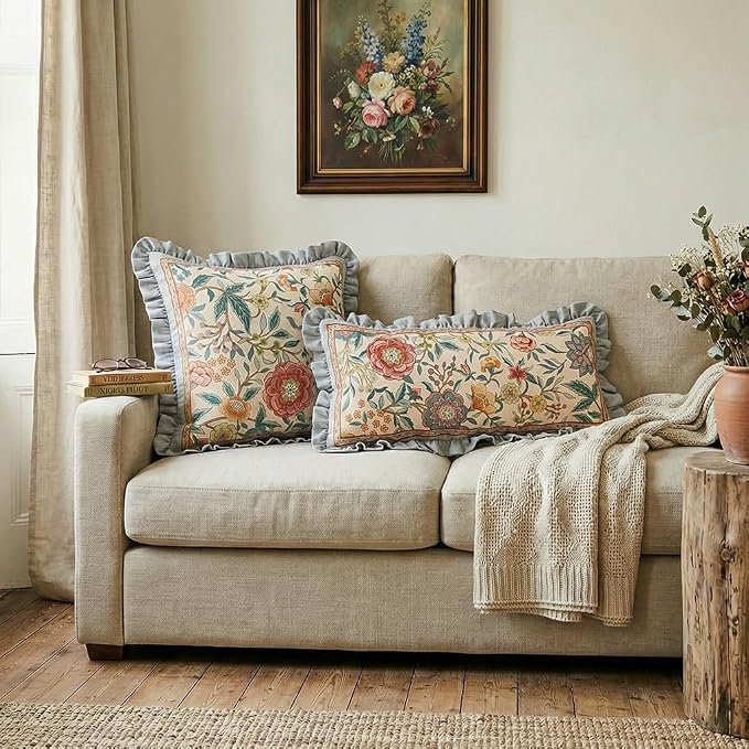 bilin gaier Linen Throw Pillow Covers,28"x12" Set of 2-Flowershadow A | Designer Vintage Elegant Rectangle Pillow Cover,Concealed Zipper,Floral Pattern,Sofas,Bedroom,Living Room,Lounge Chairs