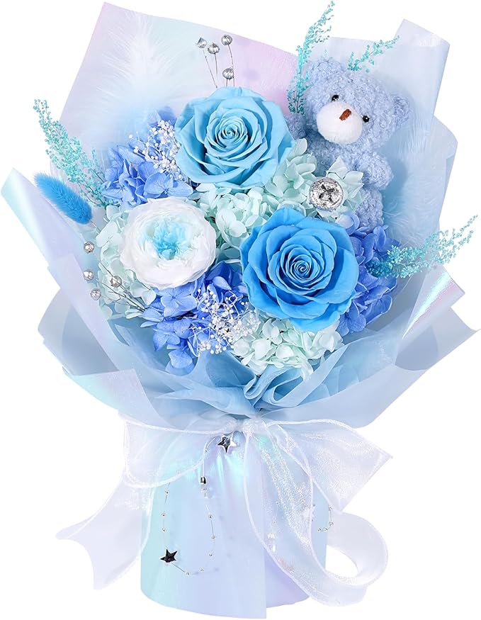 Preserved Flowers Bouquet with Bear, Real Forever Flowers for Delivery, Long-Lasting Blue Eteranl Roses Bouquet, Mothers Day Gifts for Mom Grandma Wife, Anniversary Birthday Gifts for Women Girlfriend