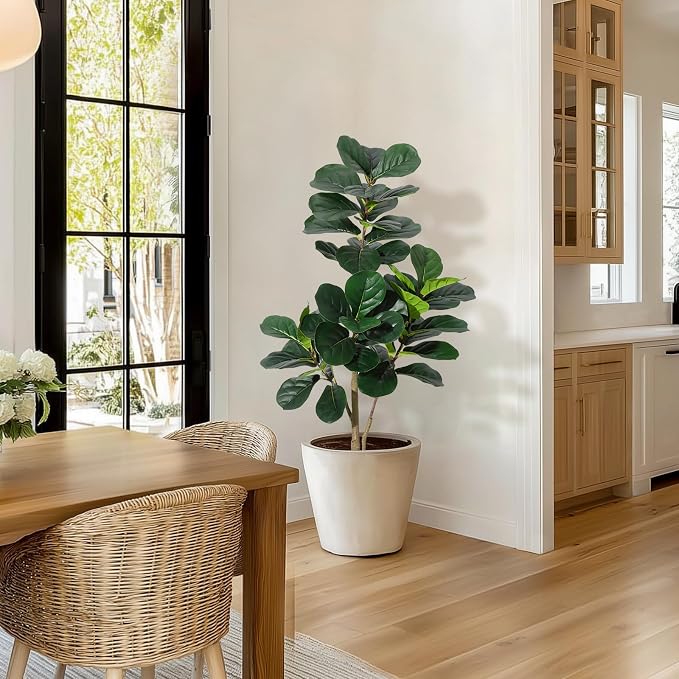 4 ft Fiddle Leaf Fig Tree Artificial with 48 Leaves - Realistic Faux Ficus Lyrata Trees in 7.8 in Grey Planter Pot, Indoor Fake Floor Plants for Home Office Living Room Decor, Housewarming Gift