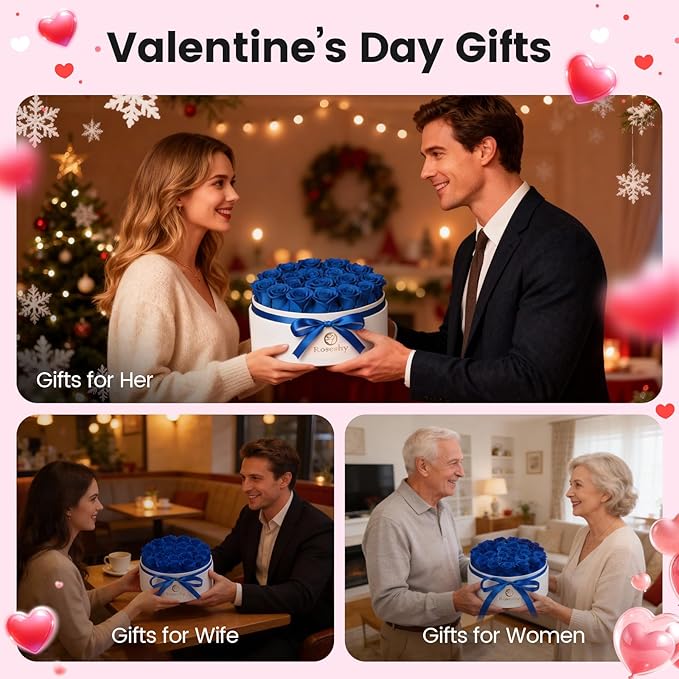 Valentines Day Flowers Roses Gifts for Her,28pcs BlueForever Preserved Roses in Round Gift Box,Valentines Day Delivery Prime Gifts-Roses Gifts for Women,Mom.