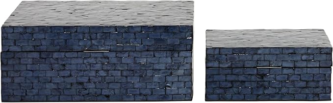 Deco 79 Mother of Pearl Shell Handmade Decorative Box Mosaic Storage Decorative Keepsake Boxes, Set of 2 Storage Boxes 5", 4"H, Dark Blue