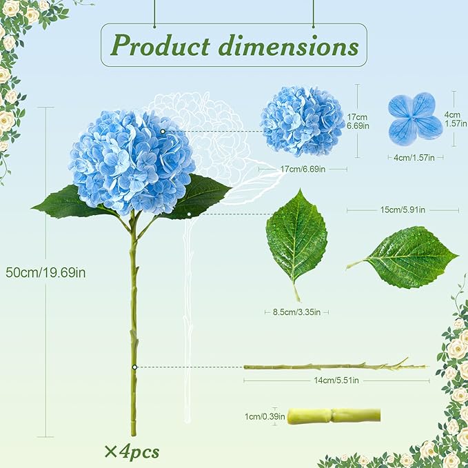 4 Pcs Artificial Hydrangea Silk Flowers with Stems, 19.7" Blue Faux Hydrangeas Bouquet, 240 Petals, UV Resistant & Waterproof Fake Flower for Outdoor Wedding Home Decor