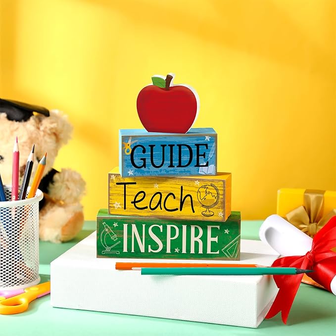 Yuntau 4 Pcs Teacher Appreciation Gift Wooden Table Decoration Apple Tiered Tray Decor Guide Teach Inspire Teacher Appreciation Gift Apple Block Sign Centerpiece Decor for Office Classroom