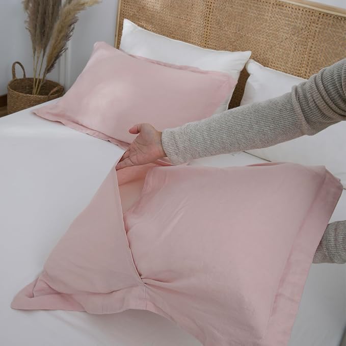 100% French Linen Pillow Shams Basic Style - Pack of 2 - Washed Solid Color Natural Flax Soft Breathable - Blush Pink, 20'' x 36''